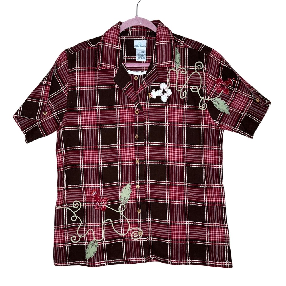Bobbie Brooks Plaid Embroidered Floral Short Sleeve Button Up Top L‎ Grandmacore